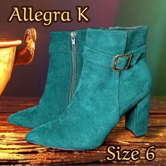 Allegra K Pointed Toe Buckle Decor Heel Ankle Booties Emerald Green Size 6 - Picture 1 of 14